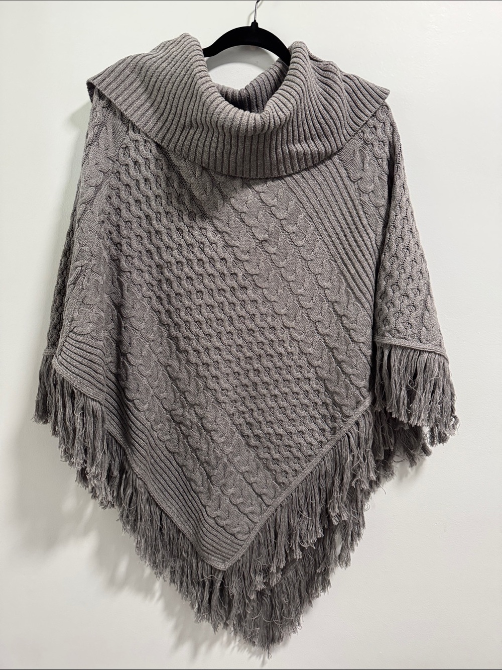 Jaclyn Smith Taupe Cable-Knit Fringe Poncho with Turtleneck